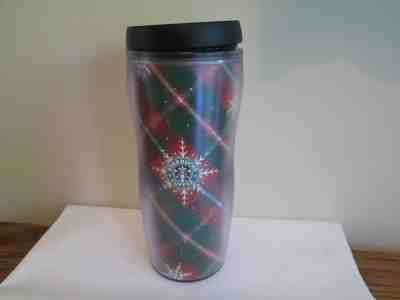Starbucks Christmas red green plaid snowflakes 2001 16 oz travel tumbler - Sold on eBay Nov, 7th 2018 for $5.00