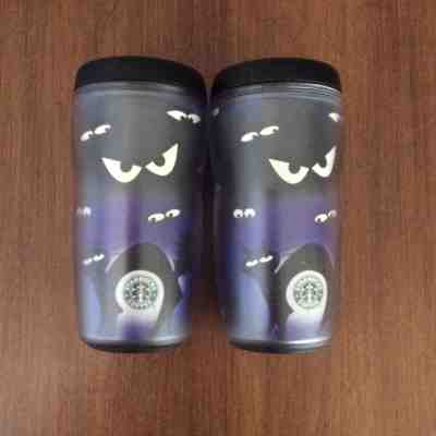 2 STARBUCKS COFFEE 2001 8 oz TRAVEL TUMBLER Halloween Black Cat Glow in the Dark - Sold on eBay Oct, 13th 2018 for $14.00
