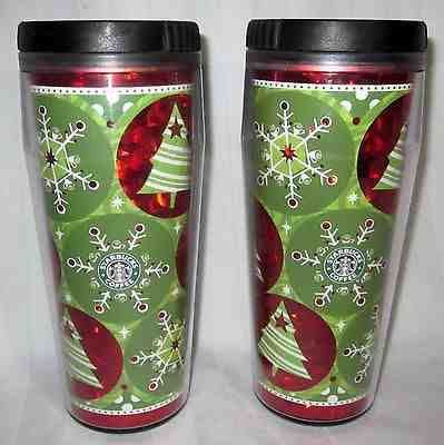 STARBUCKS COFFEE 2002 16OZ PAIR SET OF 2 CHRISTMAS TREE MATCHING TRAVEL TUMBLERS - Sold on eBay Nov, 16th 2018 for $22.00