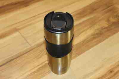 2008 STARBUCKS GOLD 12 OZ STAINLESS STEEL TRAVEL FLIP TOP TUMBLER DOUBLE WALL  - Sold on eBay Sep, 4th 2018 for $6.99
