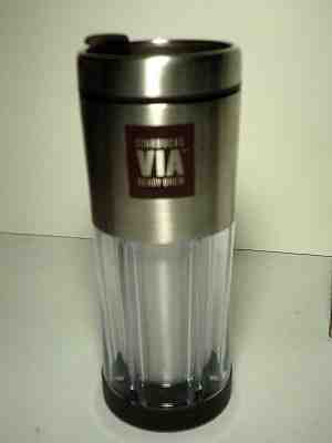 Starbucks VIA Ready Brew Stainless Steel Travel Tumbler Cup Brown 10 Oz. EUC - Sold on eBay Nov, 14th 2018 for $10.99
