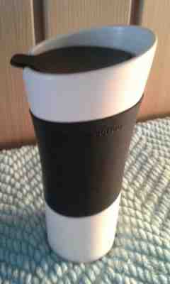 Starbucks ~ 2009 Black and white 14 oz tumbler w/ lid mug ceramic pre-owned  - Sold on eBay Oct, 30th 2018 for $8.00