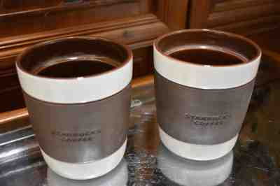 Set of 2 Starbucks 2009 White & Brown Rubber Grip 12 oz Coffee Mug Cup Tumblers - Sold on eBay Sep, 13th 2018 for $9.95