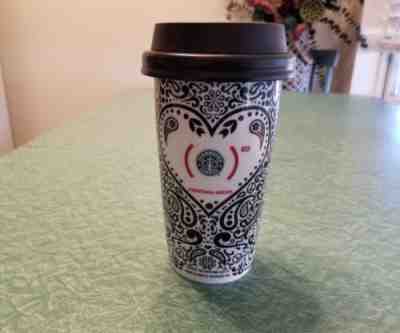 Starbucks Jonathan Adler Travel Tumbler Mug Ceramic Black White Paisley Heart - Sold on eBay Nov, 2nd 2018 for $19.99