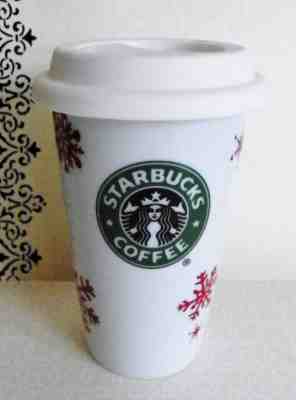 2010 STARBUCKS CERAMIC TO GO CUP MERMAID LOGO RED SNOWFLAKES/LID TRAVEL TUMBLER - Sold on eBay Oct, 31st 2018 for $10.00
