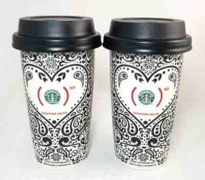 2 Starbucks Coffee 2010 Jonathan Adler Red Heart Paisley Ceramic Mug Tumbler  - Sold on eBay Oct, 30th 2018 for $59.95