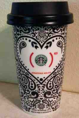 2010 STARBUCKS Jonathan Adler Ceramic Tumbler Travel Cup Red Heart Black White - Sold on eBay Oct, 11th 2018 for $25.99