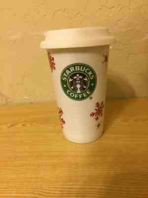 Starbucks 2010 Red Snowflake Tumbler Coffee Mug Rubber Lid - Sold on eBay Sep, 14th 2018 for $13.42