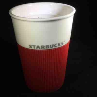 2011 Starbucks Mug Tumbler 8 Oz. Red Silicone Grip Bone China - Sold on eBay Nov, 9th 2018 for $14.99