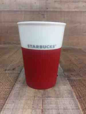Starbucks 2011 White Bone China Travel Mug Tumbler Red Silicone Grip 8 Oz No Lid - Sold on eBay Oct, 21st 2018 for $17.99