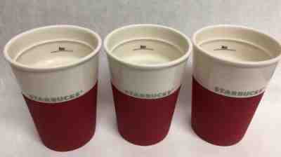 Starbucks 2011 White Bone China Travel Mug Tumbler Red Silicone Grip 8oz Lot 3 - Sold on eBay Oct, 14th 2018 for $29.87