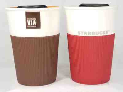 SET Starbucks Coffee 2011 Red & Brown Rubber Silicone Grip Tumbler Travel Mug - Sold on eBay Oct, 6th 2018 for $37.49