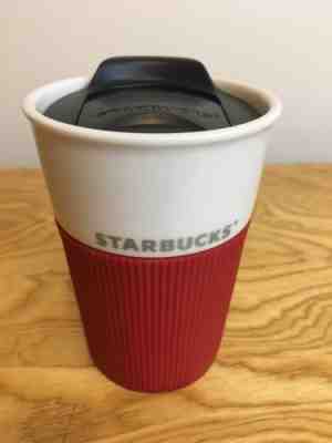 Rare Starbucks 2011 White Bone China Travel Mug Tumbler Red Silicone Grip 8 Oz  - Sold on eBay Sep, 15th 2018 for $13.00