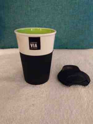 2011 STARBUCKS VIA READY BREW Ceramic 8oz Tumbler Cup With Lid And Rubber Grip - Sold on eBay Sep, 14th 2018 for $16.00