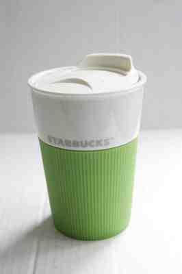 STARBUCKS 2012 Bone China White Traveler Tumbler with Green Rubber Grip 8oz EXL - Sold on eBay Oct, 30th 2018 for $24.50