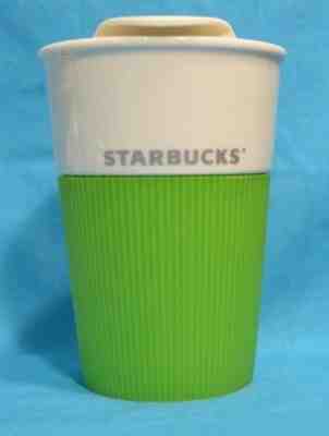 Starbucks 2012 White Ceramic 8 oz Tumbler Travel Coffee Mug Green Silicon Grip  - Sold on eBay Oct, 26th 2018 for $10.00