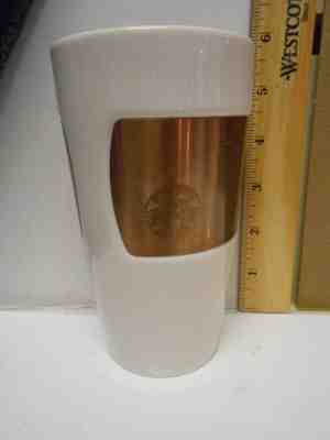 STARBUCKS COFFEE White Ceramic with copper 10 oz tumbler mug no lid 2012 - Sold on eBay Oct, 11th 2018 for $14.95