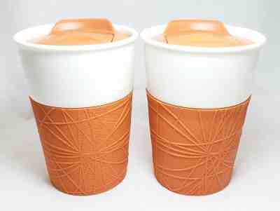 Pair Starbucks Coffee 2013 White Orange Geometric Rubber Grip Tumbler Travel Mug - Sold on eBay Aug, 25th 2018 for $59.95