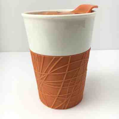 STARBUCKS 2013 Ceramic Travel Mug Tumbler White Orange Rubber Grip 8 oz. - Sold on eBay Aug, 25th 2018 for $19.99