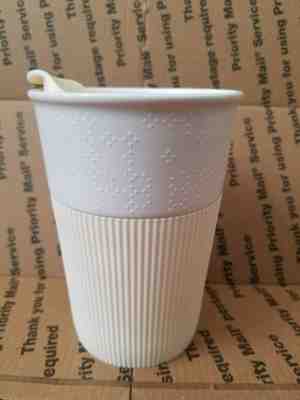 Starbucks Travel Mug Tumbler Ceramic Bone Silicone Rubber Grip Ivory White 2013 - Sold on eBay Aug, 25th 2018 for $29.97