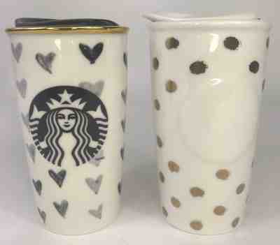 Starbucks 2014 Black Hearts & Dots Ceramic Go Cup Tumbler DOT Collection  2 cups - Sold on eBay Nov, 16th 2018 for $77.99
