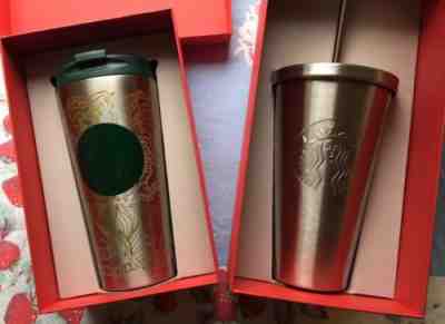 NIB, Starbucks Stainless Mermaid Tumbler w/ straw & Holiday Travel Tumbler 2014 - Sold on eBay Nov, 16th 2018 for $21.50