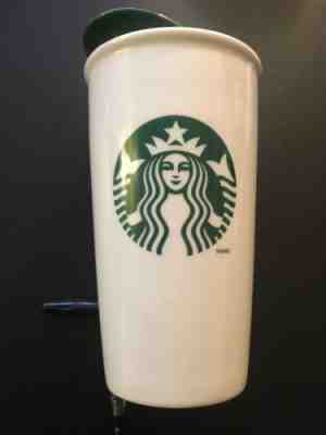 STARBUCKS Ceramic Tumbler With Lid Green And White 12oz 2014 - Sold on eBay Nov, 15th 2018 for $3.99