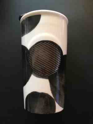 STARBUCKS Ceramic Tumbler White With Black Dots And Silver Lid 10oz 2014 - Sold on eBay Nov, 15th 2018 for $3.99