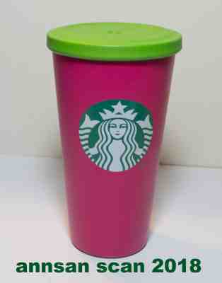 Starbucks metal cold drink tumbler pink w lime green top 2014 - new siren 16 oz - Sold on eBay Nov, 10th 2018 for $7.50