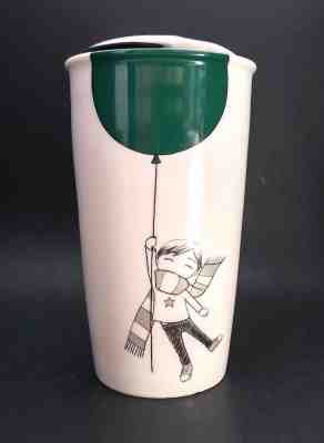 Starbucks Coffee Co Boy in Scarf Green Balloon 12 oz Ceramic Travel Tumbler 2014 - Sold on eBay Nov, 9th 2018 for $29.99