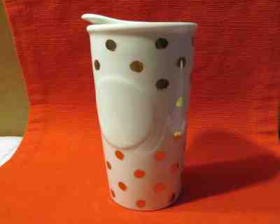 2014 STARBUCKS Ceramic 10 OZ Tumbler W/Ceramic Lid White With Gold Polka-Dots - Sold on eBay Nov, 7th 2018 for $12.00