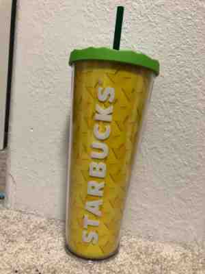 STARBUCKS Coffee Pineapple TUMBLER 24 oz Yellow Travel Cup 2014 w/ Lid & Straw  - Sold on eBay Nov, 5th 2018 for $18.99
