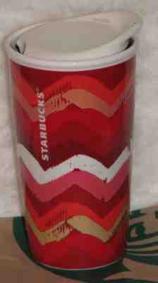 STARBUCKS 2014 10 oz TRAVEL Coffee MUG TUMBLER Ceramic Red Zig Zags 8" Tall - Sold on eBay Nov, 4th 2018 for $9.00