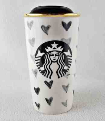 Starbucks Black Hearts Ceramic Travel Tumbler, DOT Collection 12oz 2014 - Sold on eBay Nov, 3rd 2018 for $24.99