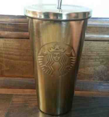 Starbucks Gold Tone Tumbler With Straw Cold Cup 16oz 2014 Siren Logo - Sold on eBay Oct, 31st 2018 for $12.00