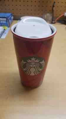 STARBUCKS 2014 CERAMIC TRAVEL TUMBLER (mug) - Red, Green, White Ceramic Lid - Sold on eBay Oct, 29th 2018 for $8.00