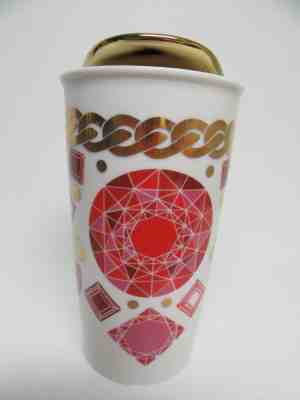STARBUCKS 12 oz TRAVEL TUMBLER MUG CERAMIC 2014 Double Walled JEWELS GOLD Gems - Sold on eBay Oct, 28th 2018 for $11.99