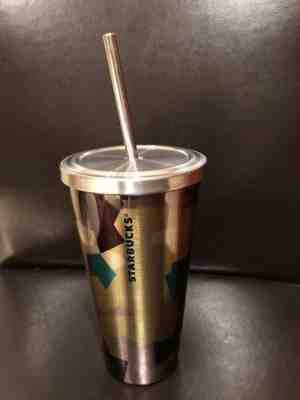 2014 Starbucks Stainless Steel Tumbler and Straw 16oz Geometric Design - Sold on eBay Oct, 27th 2018 for $5.00