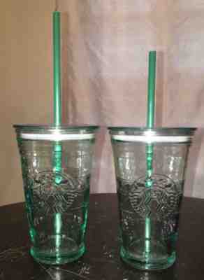 2pc 2014 Starbucks 16oz Recycled Green Glass Tumblers w/Straws & Lids  - Sold on eBay Oct, 26th 2018 for $35.00