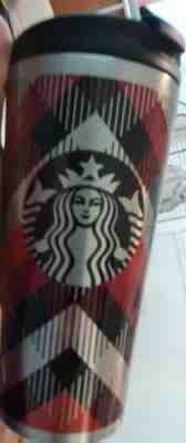 Starbucks 2014 Dark Red Black Silver Plaid Travel Tumbler Cup Stainless 16 oz - Sold on eBay Oct, 21st 2018 for $27.99