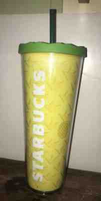 STARBUCKS Coffee Pineapple TUMBLER 24 oz Yellow Travel Cup 2014 w/ Lid & Straw - Sold on eBay Oct, 20th 2018 for $19.99