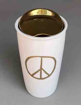 Starbucks 2015 Gold Peace sign Ceramic Travel Tumbler mug 12 fl oz NEW - Sold on eBay Oct, 27th 2018 for $12.99