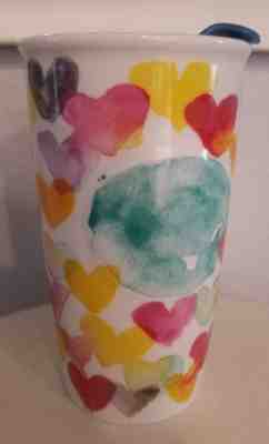 STARBUCKS Watercolor Hearts Travel Tumbler Mug 2015 Ceramic 10 oz With Blue Lid - Sold on eBay Oct, 24th 2018 for $27.99
