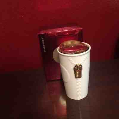 New Starbucks 2015 Gold Zipper Ceramic 10 oz White Travel Tumbler Coffee NIB - Sold on eBay Oct, 21st 2018 for $21.00