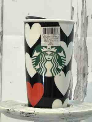 New Starbucks Coffee HEARTS Ceramic Tumbler Cup Black Red White W/Lid 12 oz 2015 - Sold on eBay Oct, 19th 2018 for $15.30