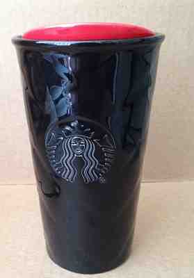 Starbucks 2015 Black Quilted Cushion Ceramic 10 oz.Traveler Tumbler mug Red Lid - Sold on eBay Oct, 19th 2018 for $11.45