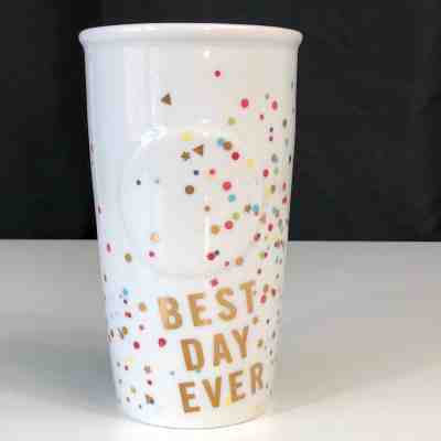 Starbucks 2015 Best Day Ever Ceramic Confetti Tumbler Coffee Travel Mug w/Lid - Sold on eBay Oct, 19th 2018 for $15.00