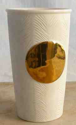 2015 Starbucks Gold Dot Ivory Textured Ceramic Travel Tumbler 10 Oz No cover - Sold on eBay Oct, 18th 2018 for $5.00