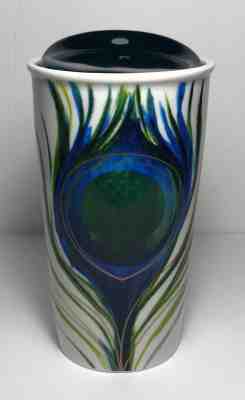 Starbucks 12oz Peacock Feather Ceramic Travel Tumbler Mug with Lid 2015 - Sold on eBay Oct, 17th 2018 for $24.99