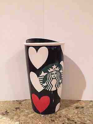 2015 Starbucks White Hearts Black Ceramic Traveler Tumbler Mug 12 oz. NEW - Sold on eBay Oct, 15th 2018 for $24.95